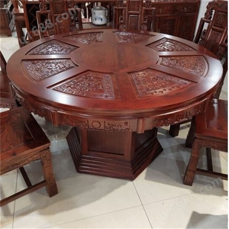 老榆木酒店餐厅圆桌 源和志城会餐桌椅定制 实木雕花餐桌
