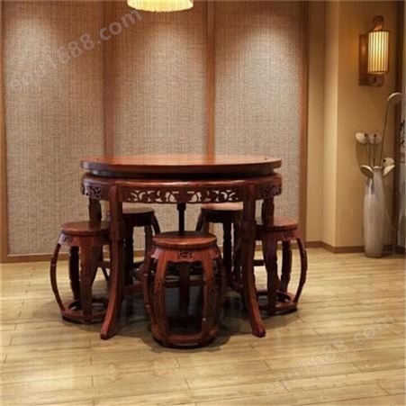 老榆木酒店餐厅圆桌 源和志城会餐桌椅定制 实木雕花餐桌