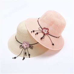 女新款夏季户外防晒沙滩盆帽遮阳花朵蝴蝶结草帽可折叠太阳帽