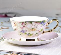 欧式陶瓷咖啡杯碟套装 金边丽日粉骨瓷咖啡杯 定制加礼盒